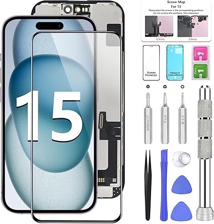 for iPhone 15 Screen Replacement Kit 6.1" LCD Screen with 3D Touch IPS FHD full Assembly&Digitizer Includes Repair Tools Screen Protector Waterproof Frame Sticker for A2846/A3089/A3092/A3090