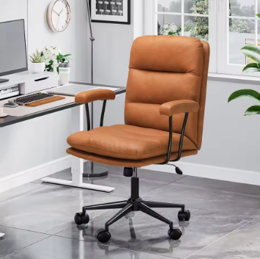 NEW Brown Leather Office Chair,Mid Century Home Desk Chair with Padded Mid-Back Support Removable Armrests Height Adjustable