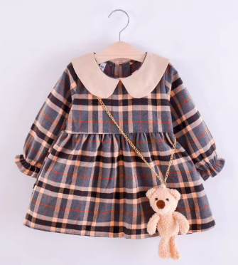 Spring And Autumn New Long Sleeved Plaid Dress With Collar And Western Style Princess Skirt Giving Away A Teddy Bear Pendant