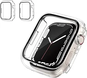 [2 Pack] Hard PC Case Compatible with Apple Watch Series 7 45mm with Built in Tempered Glass Screen Protector (Clear 45mm)