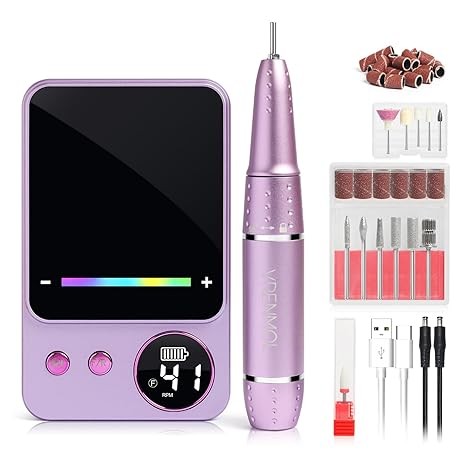 Vrenmol Nail Drill Professional: 45000 RPM Electric Nail File Smart Touchscreen Rechargeable Nail Drill Kit Portable Nail Drill with 12 Drill Bits for Acrylic Nail Gel Polishing Removing Efile Salon