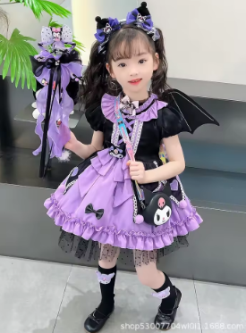 Anime Sanrio Girl Kids Cartoon Lolita Skirt Set Autumn Kuromi Girls Long Sleeves Dress Cosplay Princess Dress Festival Gifts