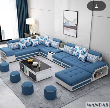MINGDIBAO Fabric Sofa Set Furniture Living Room Sofa Set with USB and Stools / Big U Shape Cloth Couch Sofas for Home Furniture