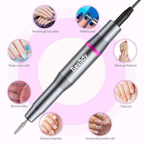 Bestidy Best Gift Electric Nail Drill Kit, USB Manicure Pen Sander Polisher with 6 Pieces Changeable Drills and Sand Bands for Exfoliating, Polishing, Nail Removing, Acrylic Nail Tools (B-Black)