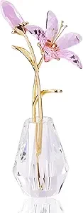 Movdyka Crystal Lily Flower Figurine with Stems, Handmade Collectible Statue for Decoration Mothers Day, Centerpiece, Valentines Day, Bridal Shower Gift Pink