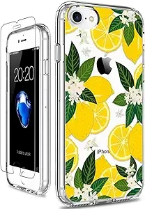 for iPhone SE Case, 2022/3rd/2020/2nd Gen, iPhone 8 Case, iPhone 7 Case, Clear Heavy Duty Protective Floral Girls Women Case with Slim TPU Bumper Cover Phone Case for iPhone 8, Yellow Lemons