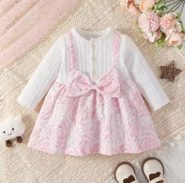Spring Baby Children's Clothes Girls Princess Dress 0-3Y Cute Pink Flower Fake 2pcs Patchwork Dress Toddler Outfit