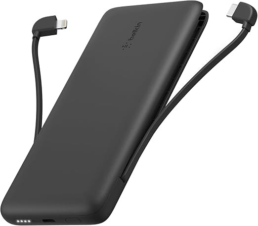 Belkin Portable Charger, Power Bank 10,000mAh, 23W w/Integrated Lightning Cable & USB-C Cable - iPhone Charger Battery Pack for Apple iPhone 16, 15, 14, Galaxy S25, Pixel 9, Travel Essentials - Black